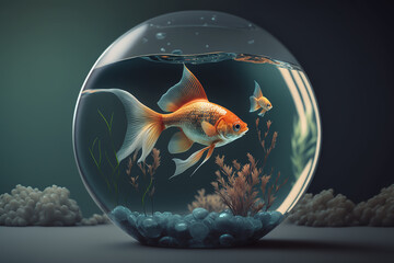 Beautiful fish in round glass aquarium with generative AI technology