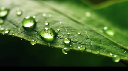  A green leaf with water droplets surface, with a dark green background. generative ai