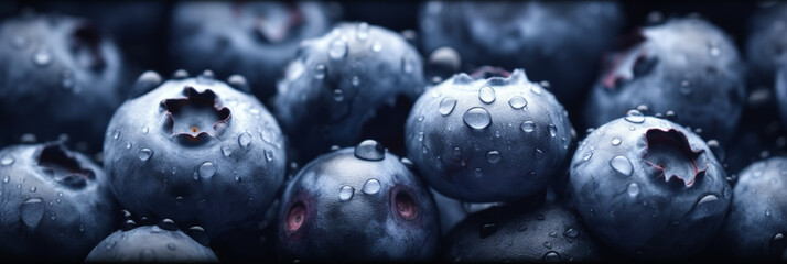 Wall Mural - Blueberry berries close up, texture. Summer, vitamin, vegetarian, vegan, healthy food concept. Fresh blueberries with water drops background, Generative AI