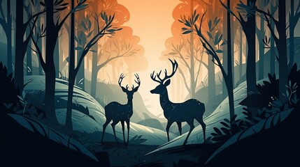 Colorful digital drawn silhouettes of two deers in a forest background. Generative AI illustration.