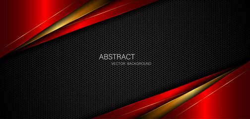 Aufkleber - Abstract red and gold polygon with golden lines on dark steel mesh background with empty space for design. modern technology innovation concept background
