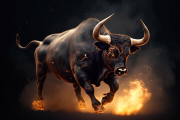 Image of an angry bull with flames. Wild animal. illustration, generative AI.