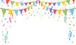 © Phruetthiphong - Celebrate hanging triangular garlands with confetti. Colorful perspective flags party isolated on white background. Birthday, Christmas, anniversary, and festival fair concept. Vector illustration.