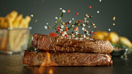 Close-up of falling salt and pepper on tasty beef steaks.