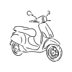 Wall Mural - Retro scooter hand drawn ink line art, moped vector illustration isolated on white