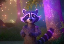 Abstract Cartoon Raccoon In Fun Forested Area Generative AI