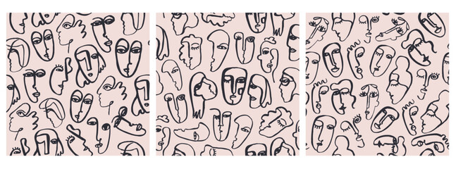 Wall Mural - Vector set of seamless patterns. Hand drawn cubism style faces, women and men portraits art background, abstract one line doodle sketch.