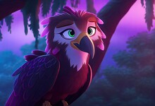 Abstract Cartoon Vulture In Dreamy Forested Area Backdrop Generative AI