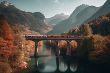  Scenic wallpaper with red train crossing arched bridge over river and mountains, forests in background. Generative AI