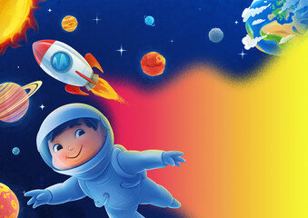 space travel illustration with kid astronaut and planets