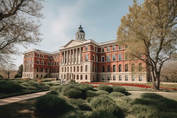Bright outdoor scene of University of Arkansas's historic main building. Generative AI