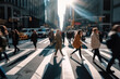 Crowd of anonymous people walking on busy New York City, AI