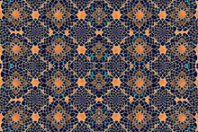 Ornamental Seamless Pattern Of Beautiful Flowers Lines With Textures. Pattern Endless Of Oranges Linear Flowers With Shapes Abstract For Repetitive Rapport In Blue Background. Generative AI