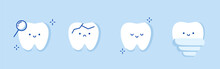 Set Of Cute Tooth Emoji And Emoticons With Different Facial Expressions. A Set Of Funny Teeth For Children's Dentistry. Tooth With Magnifying Glass, Cracked Tooth, Healthy, Implant