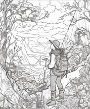 Tourist In Magic Forest Vector Coloring Book Black And White For Kids And Adults Isolated Line Art On White Background.
