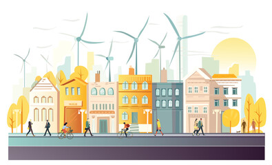 Canvas Print - Beautiful eco friendly city street view with wind turbines generaging green energy. People walking and cycling. Idilic place to live, city of the future concept illustration