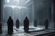 Secret society ceremony, people in hoods praying together. Members of sect perform the ritual in dark hall. Dark Religion and magical Occultism. Created with Generative AI