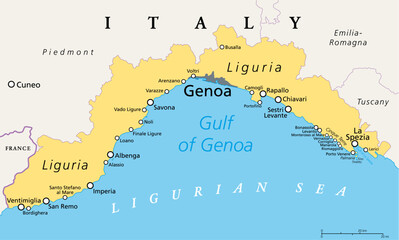 Liguria and the Italian Riviera, the Ligurian Riviera, political map. Region of north-western Italy, with capital Genoa. A narrow coastal strip between Ventimiglia and La Spezia, on the Ligurian Sea.