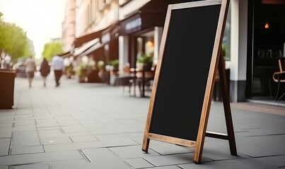 Cafe menu on the street, blackboard sign mockup in front of a restaurant. generative AI