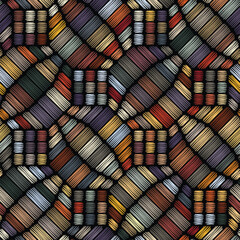 Seamless diagonal striped pattern. Abstract geometric design with multicolored embroidered squares and octagons on black background. Vector embroidery for textile, wrapping, and graphic projects.