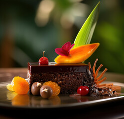 Poster - Chocolate cake with tropical foliage and fruits.Generated by AI.