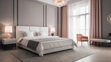 Fototapeta Panele - Interior of modern room with big bed, tables and lamp, generative ai