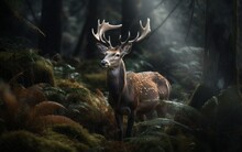 A Majestic Deer In The Woods. Generative AI Illustration.