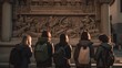 A group of travelers on a guided tour of an ancient temple, fascinated by the intricate carvings and spiritual significance of the site. Generative AI