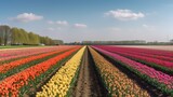 Fototapeta Tulipany - Colorful open field with beautiful tulips. Generative AI