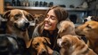 Wide shot of an animal shelter volunteer cuddling with rescued dogs, celebrating World Animal Day. Generative AI
