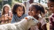 A group of children interacting with animals at a petting zoo, learning about and celebratingWorld Animal Day. Generative AI