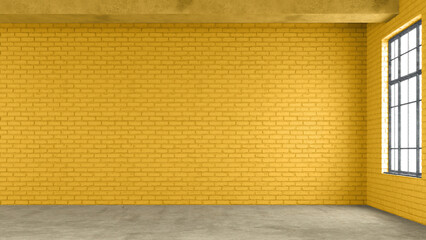 Empty, loft industrial interior. Yellow brick walls and big windows. Interior concept background . 3d Render