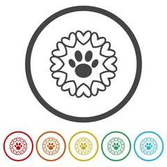 Poster - Animal love symbol paw print with heart. Set icons in color circle buttons