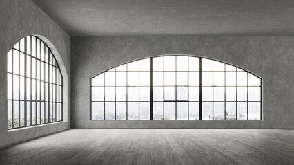 Wall Mural - Empty, loft industrial interior. Big windows and concrete walls, floor. Interior concept background . 3d Render