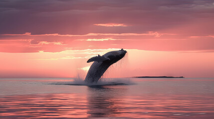 Wall Mural - A whale jumping against a pink sunset