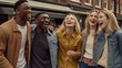© 22Imagesstudio - Accandid shot of a diverse group of friends wearing casual clothes, laughing together and celebrating their unique body types and beauty in an urban setting. Generative AI