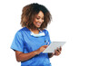 © Mayur/peopleimages.com - Healthcare, tablet and black woman nurse with technology for assistance or female medical physician smiling. Mobile, research or digital checklist and isolated on a transparent png background.