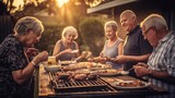 A genuine photo of a group of eldery friends gathered in the backyard, enjoying a summer evening barbecue. Generative AI