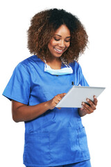 Poster - Doctor, happy woman and tablet isolated on png, transparent background for surgery or hospital technology. African surgeon, nurse or medical person with mask, digital research and telehealth website