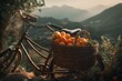 A painting of a bicycle with a fruit basket and mountain range. Generative AI