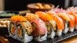 Delicious salmon sushi roll set on plate in restaurant background. Fresh and healthy seafood illustration. AI generative image.