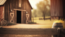 Abstract Farm Rural Background With Old Wooden Building. Country Landscape. AI Generative Image.