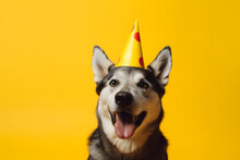 Happy Dog With Party Hat On Yellow Background