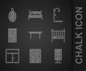 Canvas Print - Set Wooden table, Wardrobe, Big full length mirror, Baby crib cradle bed, Window in the room, Closed door, Shower and Mirror icon. Vector