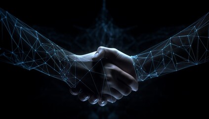 Metaverse virtual handshake concept. Two people are shaking hands in virtual reality on a black background. Generative AI.