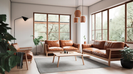 Wall Mural - warm living room with a brown sofa and a large wooden frame, Scandinavian style. Generative AI