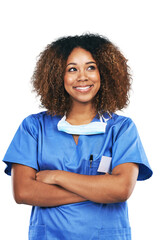 Sticker - Isolated nurse woman, thinking or arms crossed with smile, pride or excited by transparent png background. African female medic, doctor or ideas for healthcare vision, wellness and service at clinic