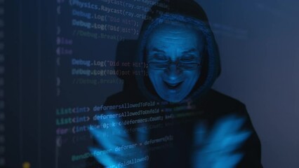 close-up face of old man wearing glasses, experienced programmer, hooded hacker hacks system in dark, screen with source code, concept of creating computer programs, programming, using cyberspace