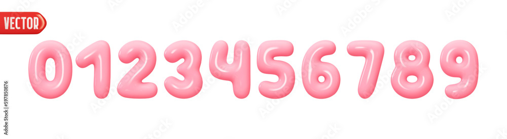 Pink numbers from 0 to 9. Collection of voluminous inflated color ...