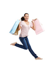 Portrait, jump or happy woman with shopping bags or fashion isolated on transparent png background. Jumping celebration, sales deals or excited girl customer with designer clothes or luxury products